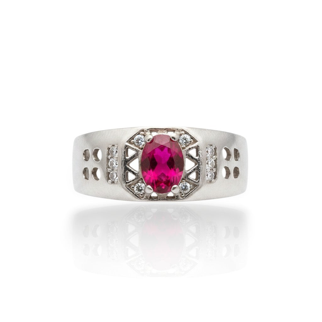 NAGPAL JEWELLERS men's silver ring with a large oval ruby and small diamond accents. Ring size 19.