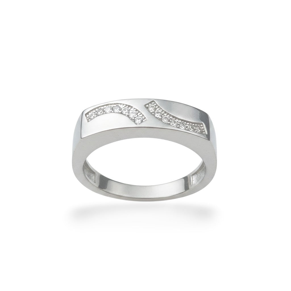 NAGPAL JEWELLERS The Serpentine Curve Band ring size 17, silver with pave set diamonds in a wave design.
