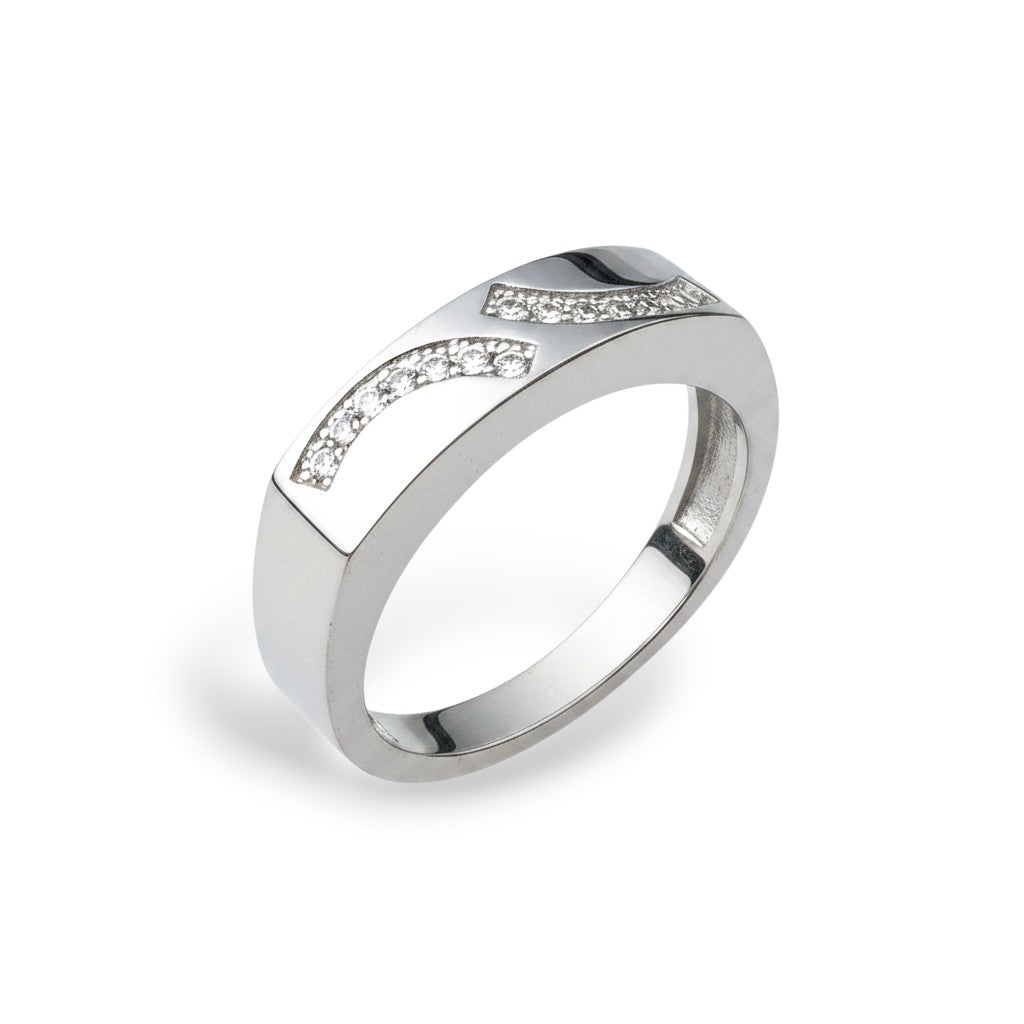 NAGPAL JEWELLERS The Serpentine Curve Band, a silver ring with a modern design featuring two curved lines of small clear stones.