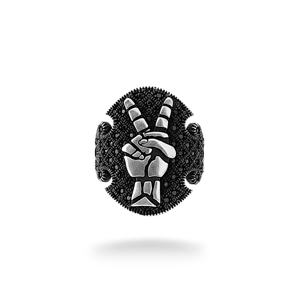 NAGPAL JEWELLERS Shadow Victory Men's Ring with peace sign hand, size 22, black stones.