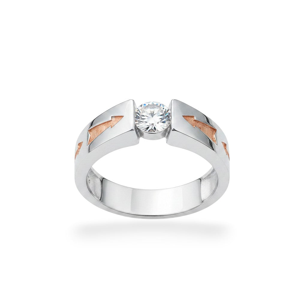 NAGPAL JEWELLERS silver ring with a central clear stone and arrow details on the band, size 22.