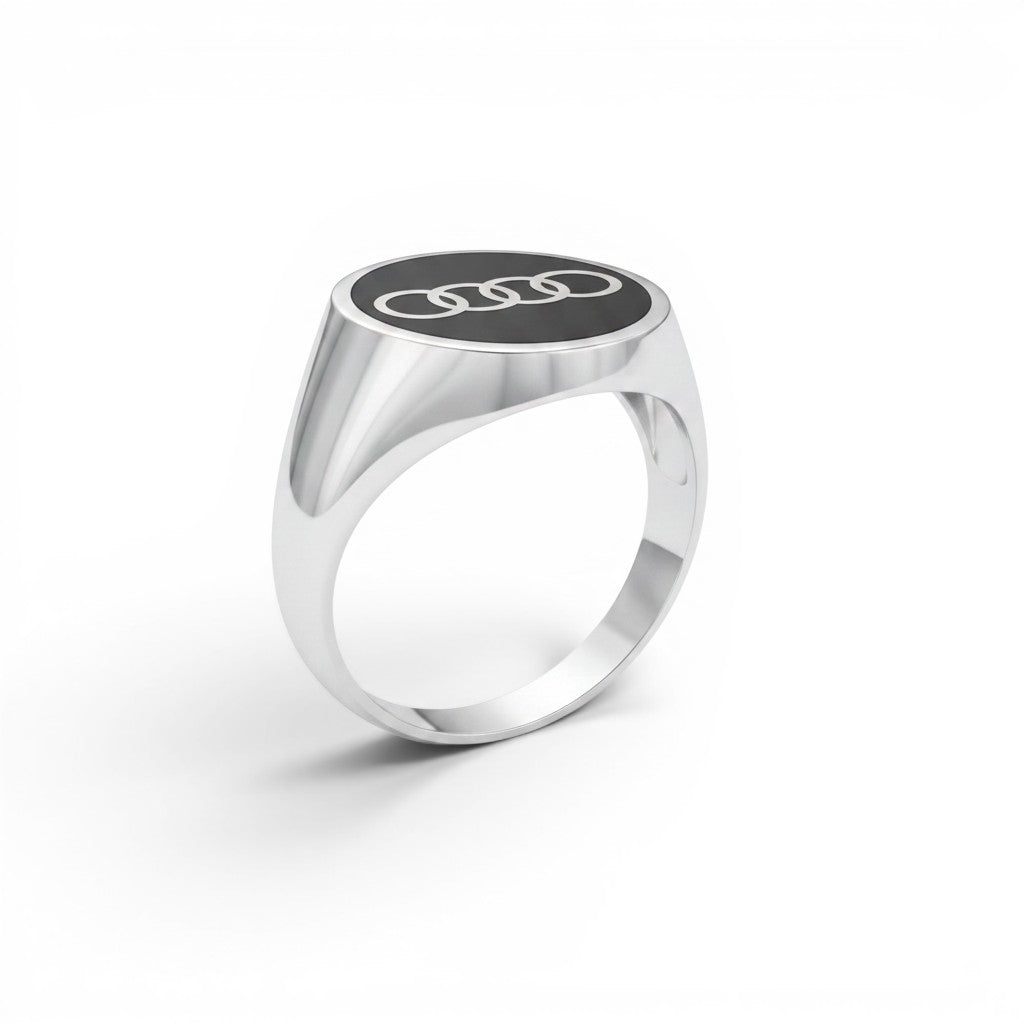 NAGPAL JEWELLERS silver signet ring with black enamel and Audi logo, size 25.
