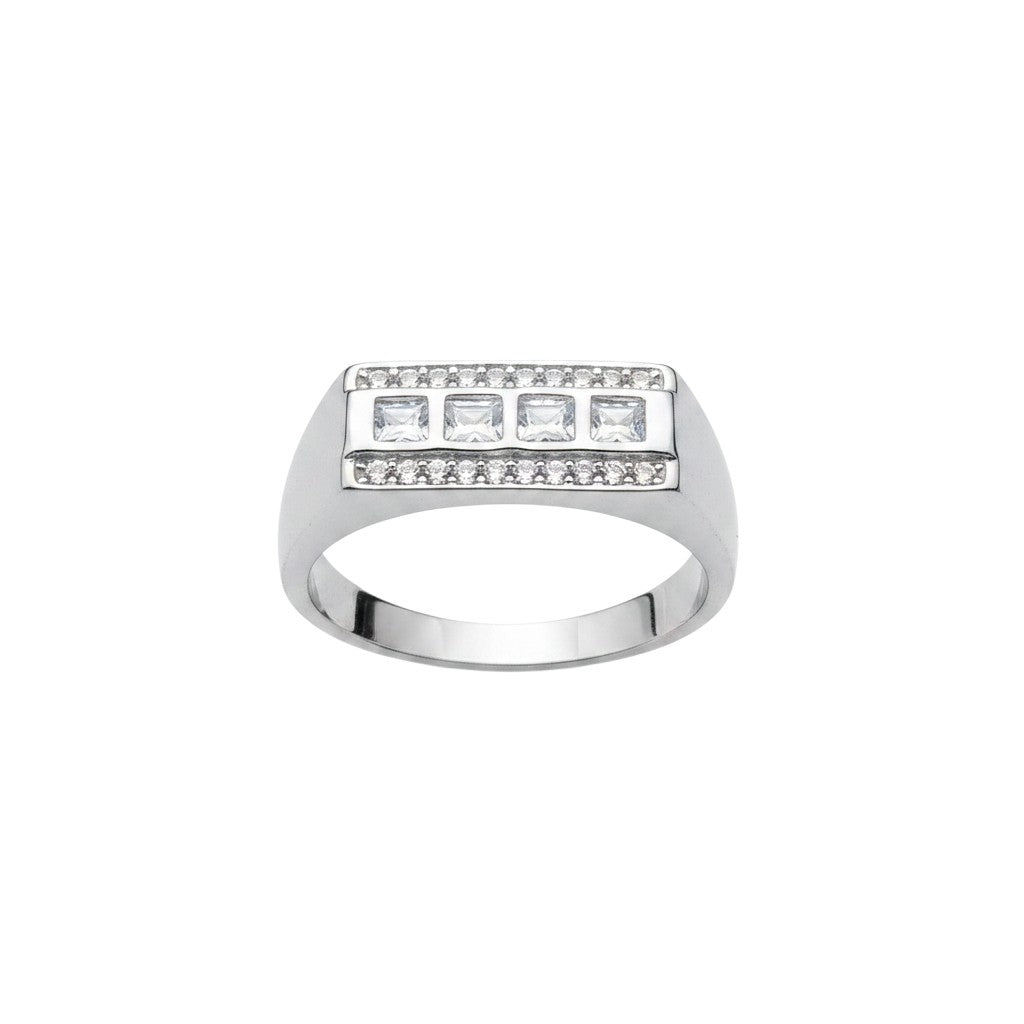 NAGPAL JEWELLERS silver ring with four square-cut stones and pave detailing, size 21.