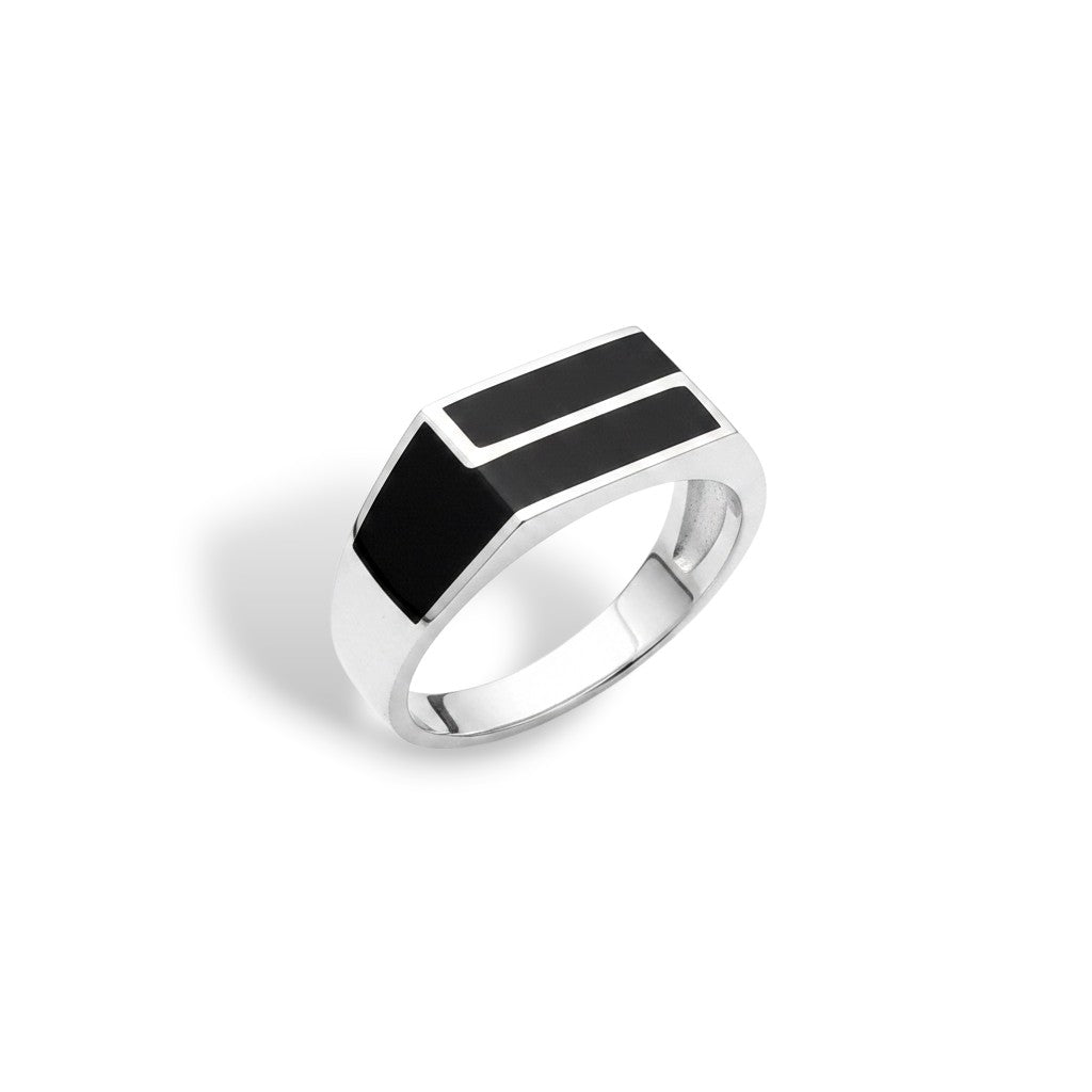 NAGPAL JEWELLERS silver signet ring with black inlay, rectangular design.