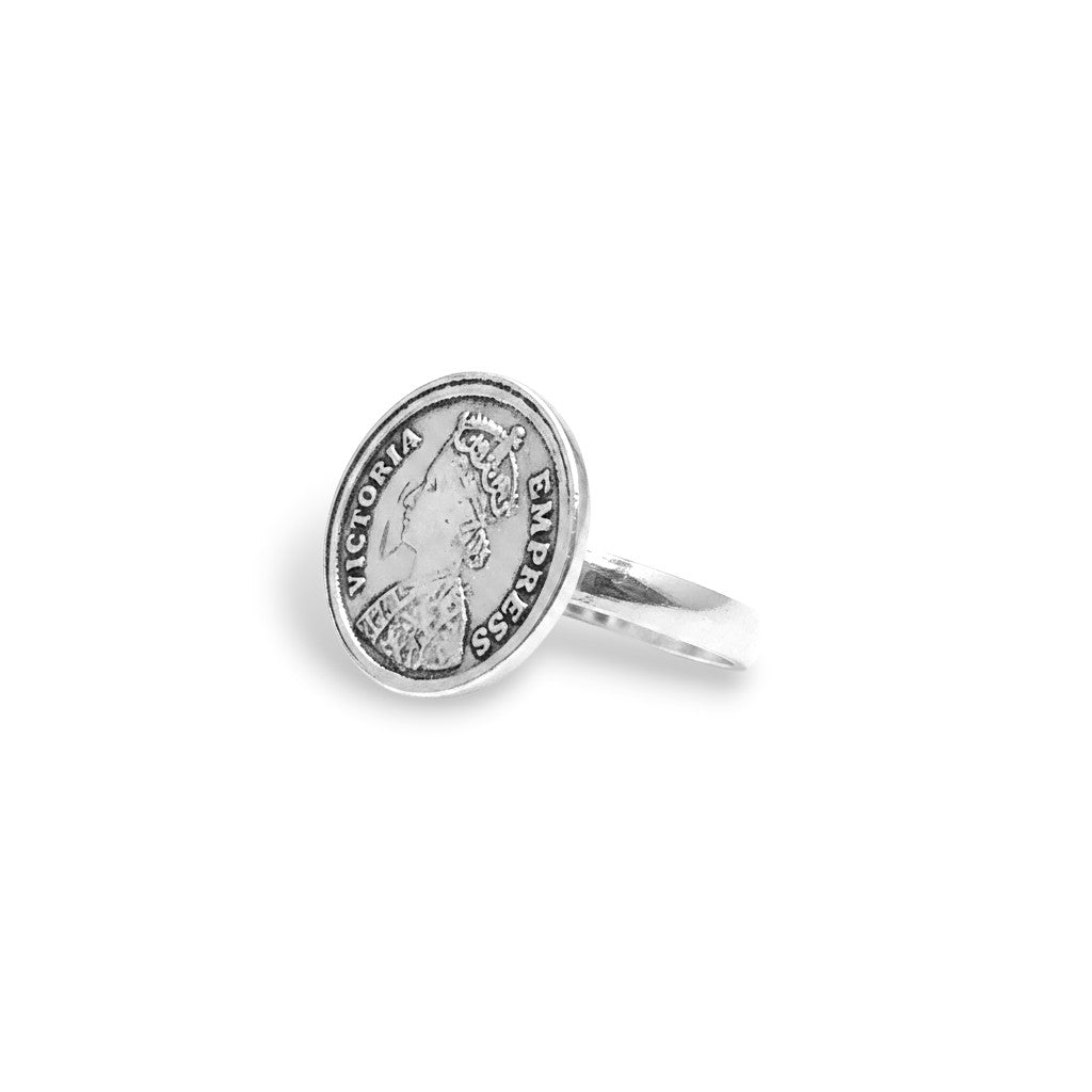 NAGPAL JEWELLERS silver ring featuring a coin with Queen Victoria's profile and "Empress" inscription.