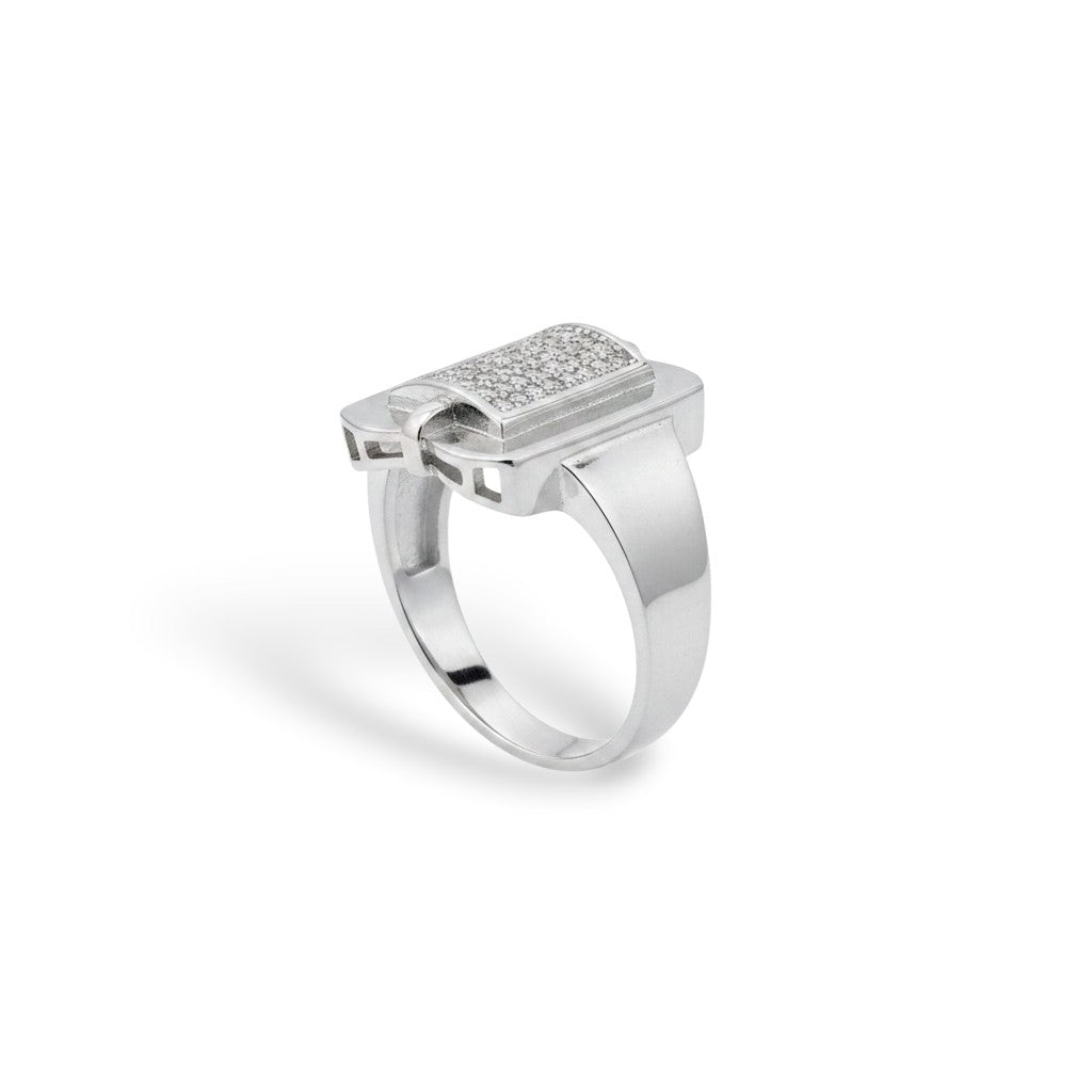 NAGPAL JEWELLERS silver ring with pave set cubic zirconia, size 24. Rectangular face with rounded corners.