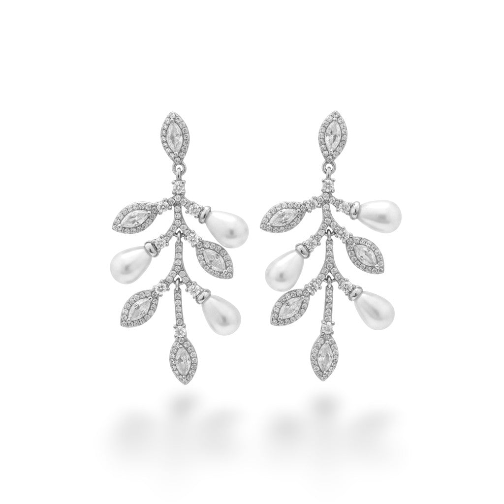 NAGPAL JEWELLERS Moonlit Petal Earrings, 92.5 silver drop earrings with pearl and crystal accents in a floral design.