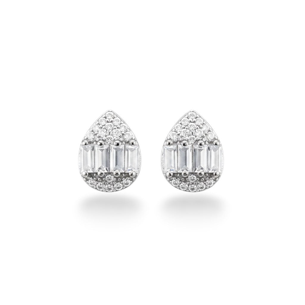 NAGPAL JEWELLERS Celestial Silver Droplet Tops featuring baguette and round cut stones in 92.5 silver.