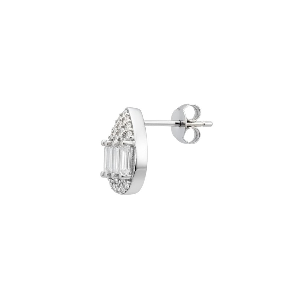 NAGPAL JEWELLERS Celestial Silver Droplet Tops earrings with baguette and round cut white stones, 92.5 silver.