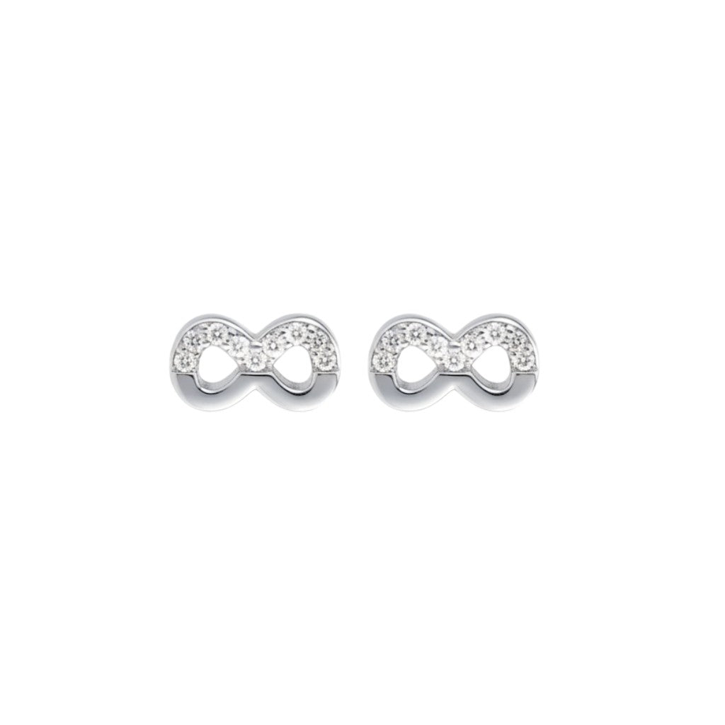 NAGPAL JEWELLERS Sleek Icicle Studs, 92.5 silver infinity symbol earrings with small clear stones.