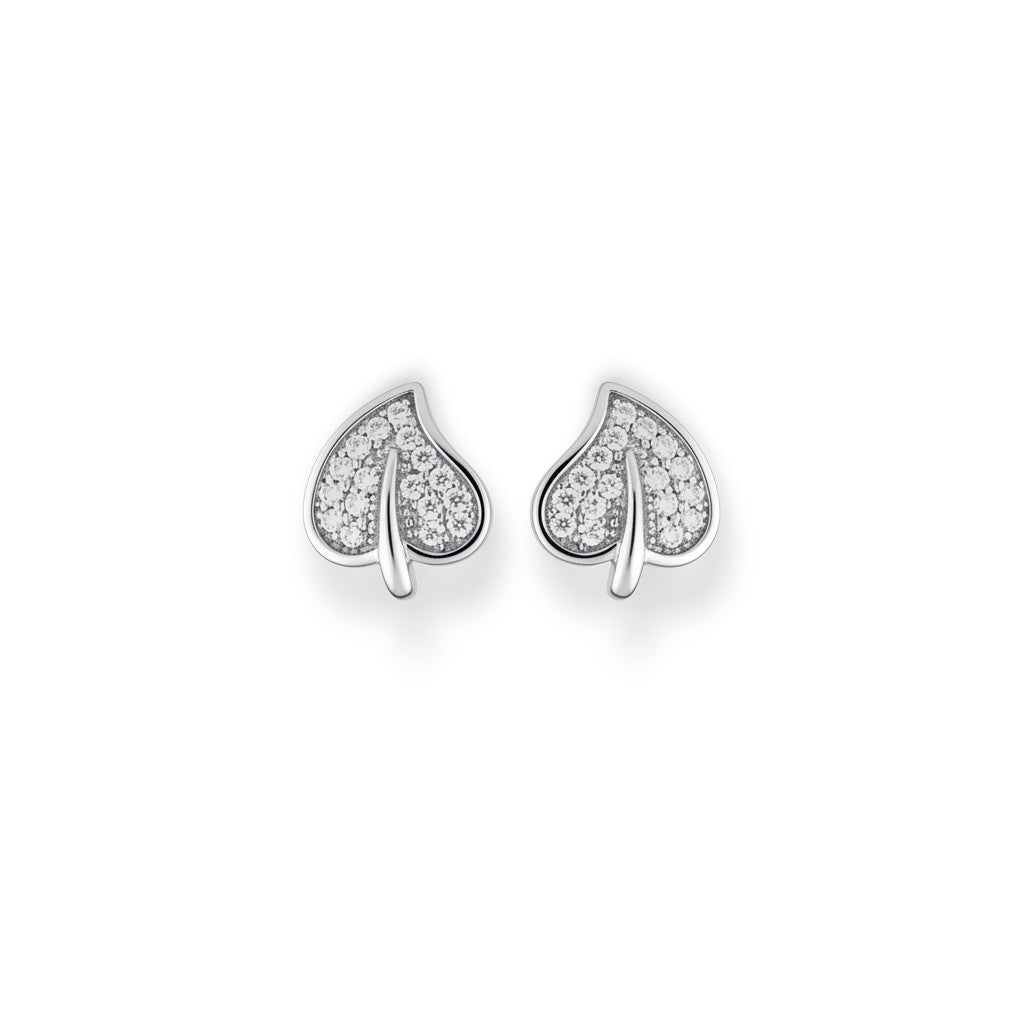 NAGPAL JEWELLERS Dew-Drop Foliage Studs: heart-shaped silver earrings with pave-set cubic zirconia.