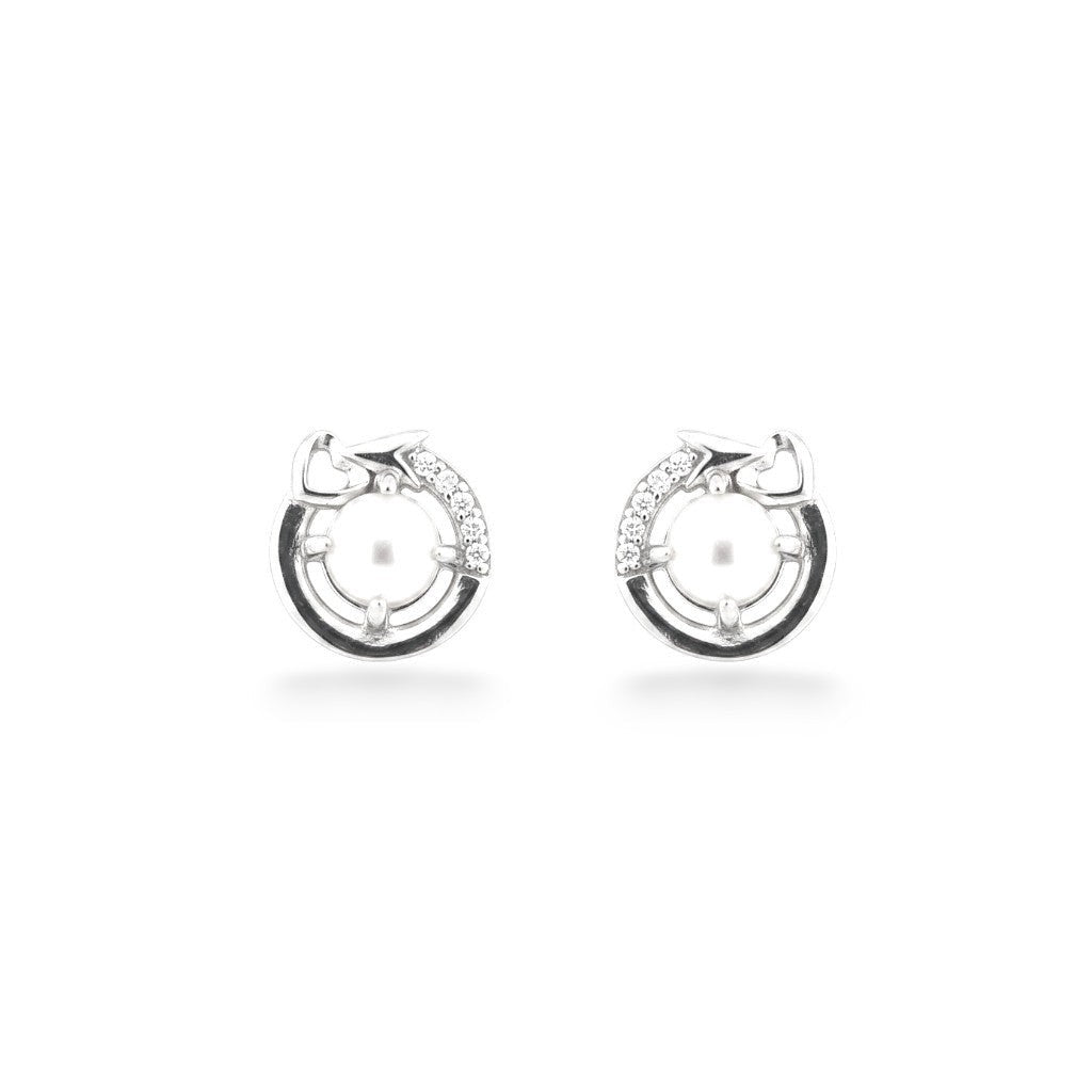 NAGPAL JEWELLERS Velvet Moon Pearl Tops: 92.5 silver stud earrings with a pearl center and small cubic zirconia accents.