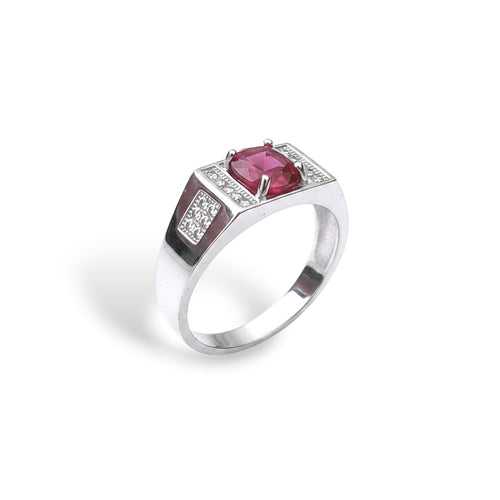 NAGPAL JEWELLERS men's silver ring with a large square-cut red gemstone and small clear accent stones.