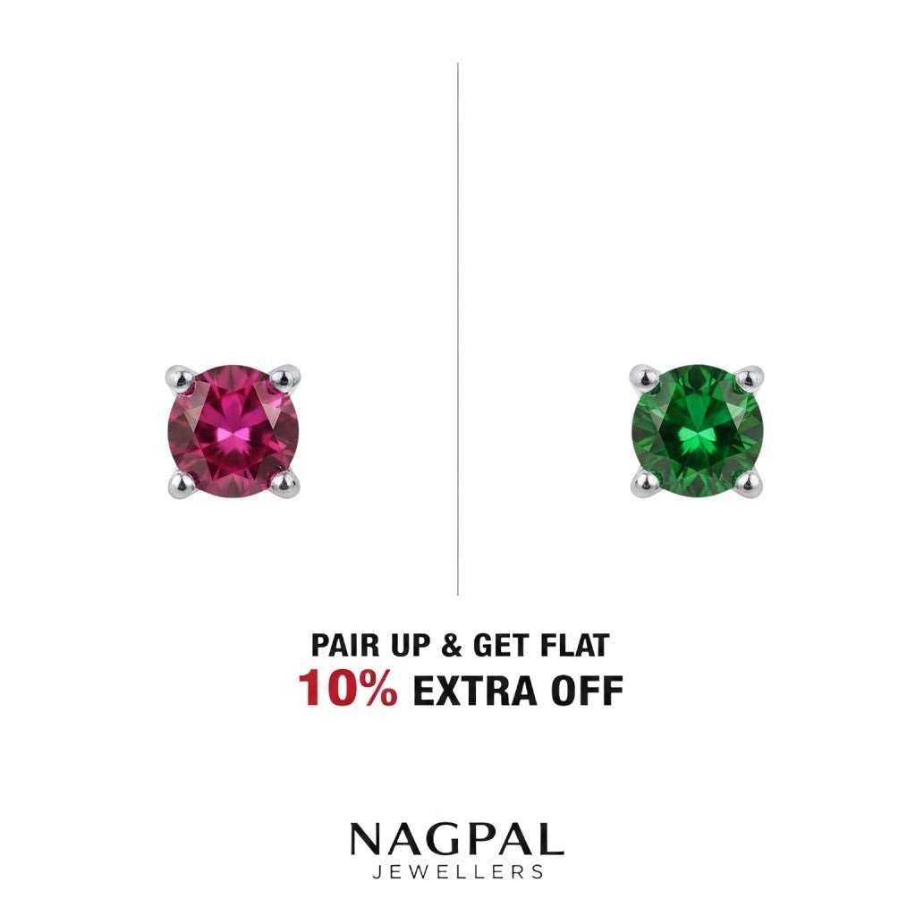 NAGPAL JEWELLERS Imperial Tint Tops: pair of 92.5 silver stud earrings, one with a ruby-red stone, the other with an emerald-green stone.