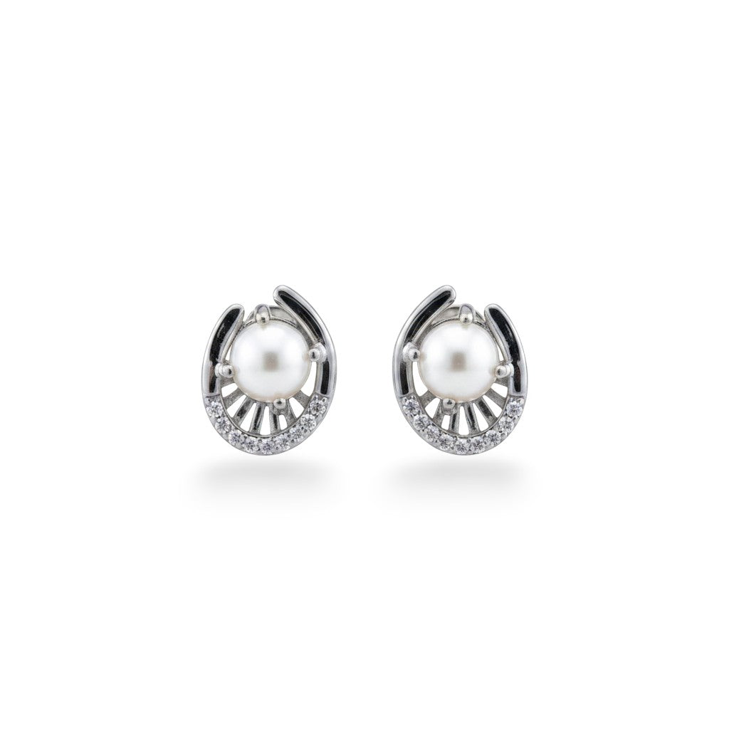 NAGPAL JEWELLERS Silver Trinity Studs featuring a pearl center surrounded by small diamonds and silver detailing.
