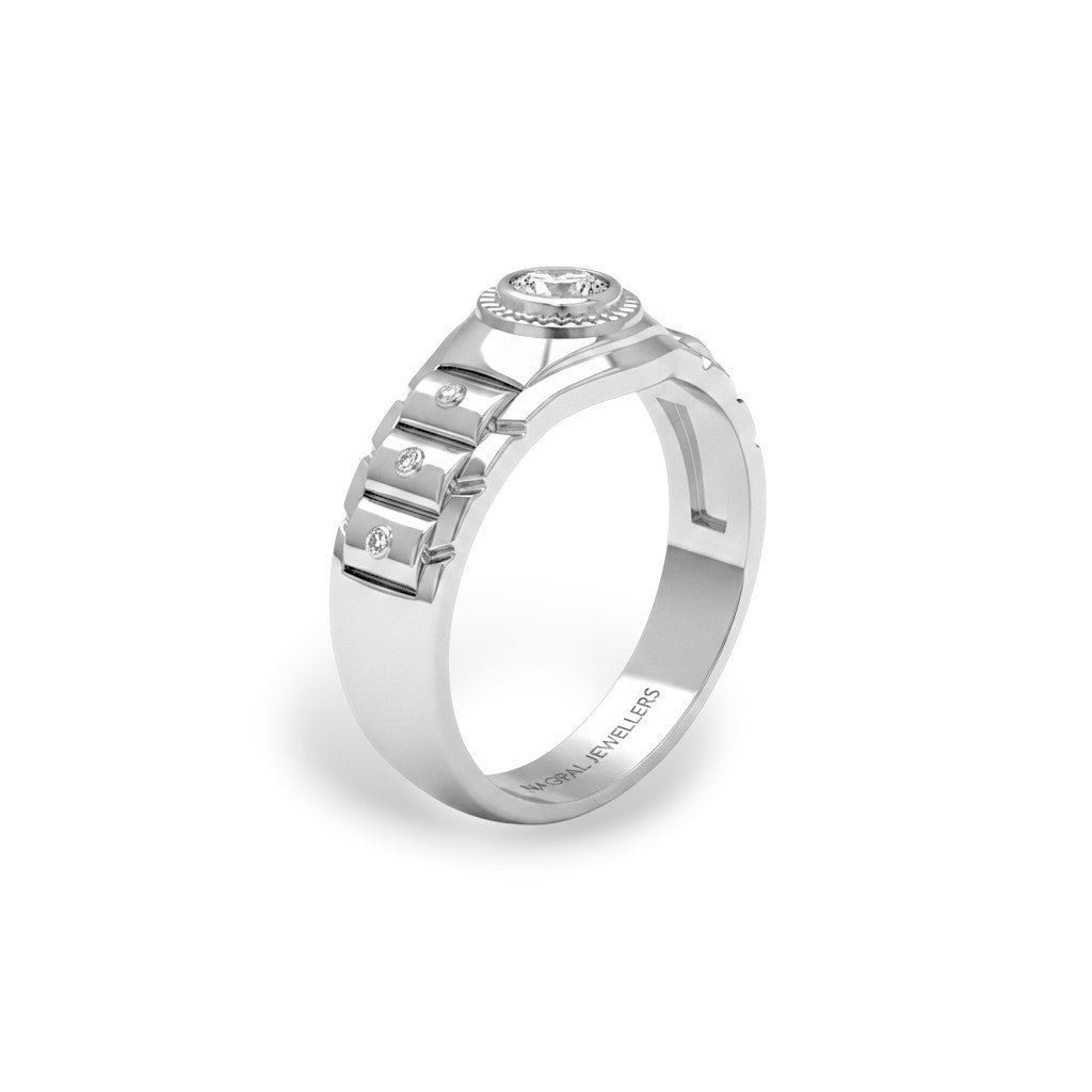 NAGPAL JEWELLERS silver ring with a solitaire diamond and forged link design, size 20.