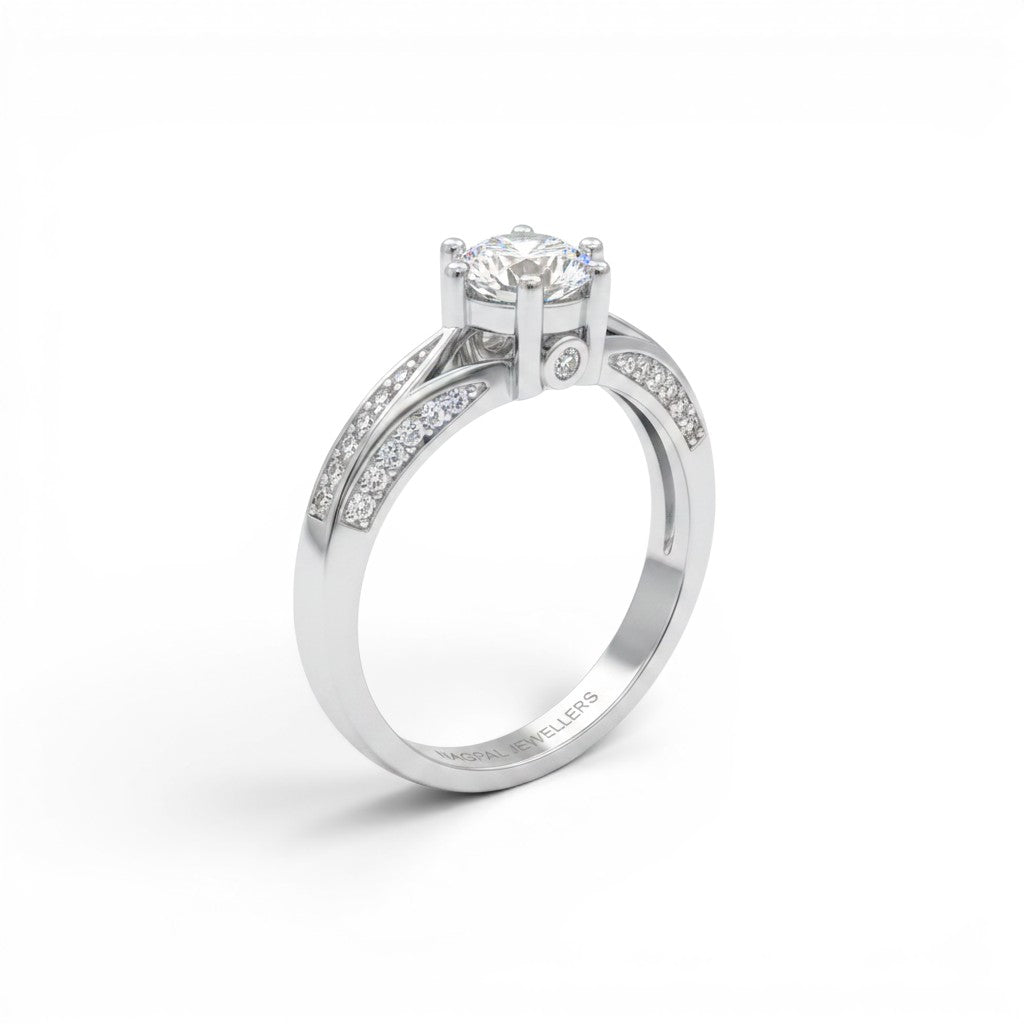NAGPAL JEWELLERS silver ring with a large solitaire stone and side accent stones, size 11.
