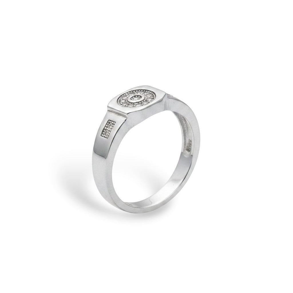 NAGPAL JEWELLERS The Sovereign ring size 23, silver band with circular diamond-encrusted face and rectangular accents.
