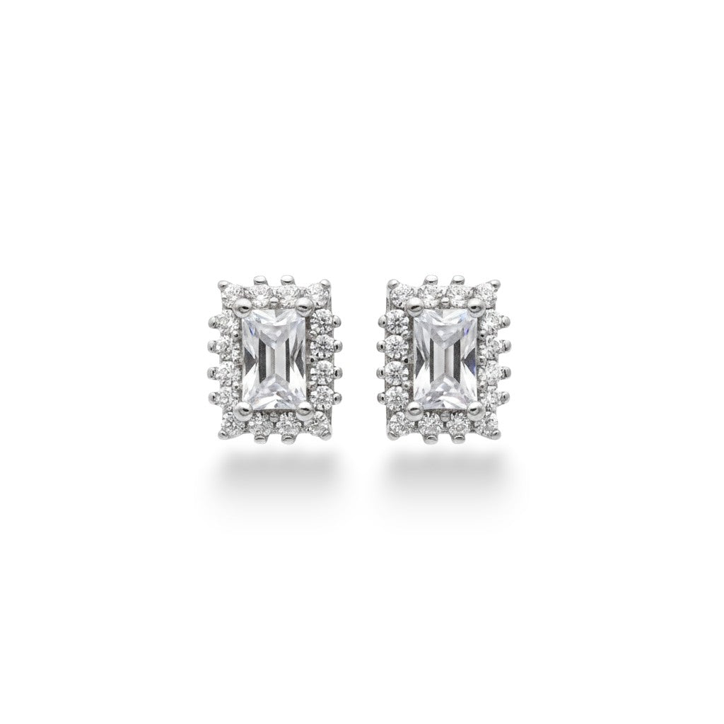 NAGPAL JEWELLERS Sterling silver emerald-cut stud earrings with a halo of small cubic zirconia stones.