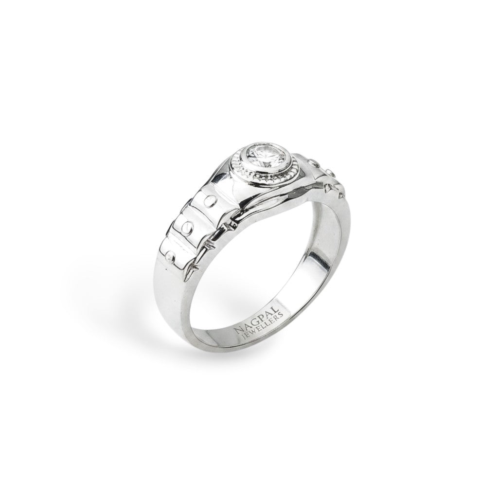 NAGPAL JEWELLERS The Girders silver ring with clear stone, size 21, featuring a unique girder-like design.