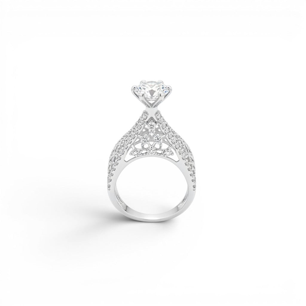 NAGPAL JEWELLERS The Tiara Bridge ring, size 16, with a large center diamond and intricate pave diamond band.