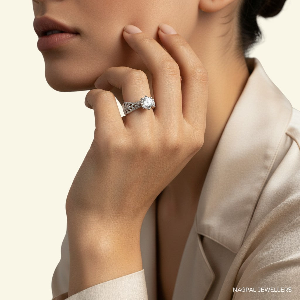 NAGPAL JEWELLERS The Tiara Bridge diamond ring, size 16, featuring intricate filigree detailing and a central diamond.