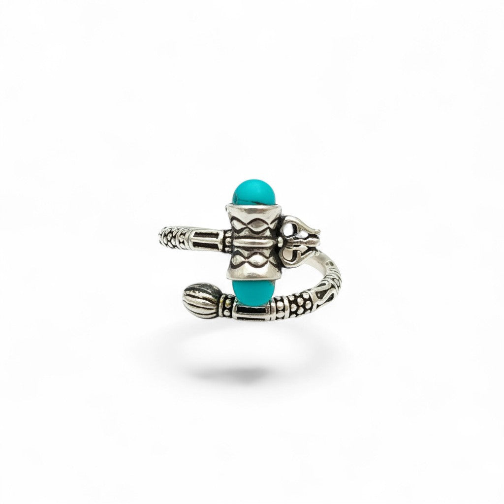 NAGPAL JEWELLERS silver Trishul band ring with turquoise stone, size 18.