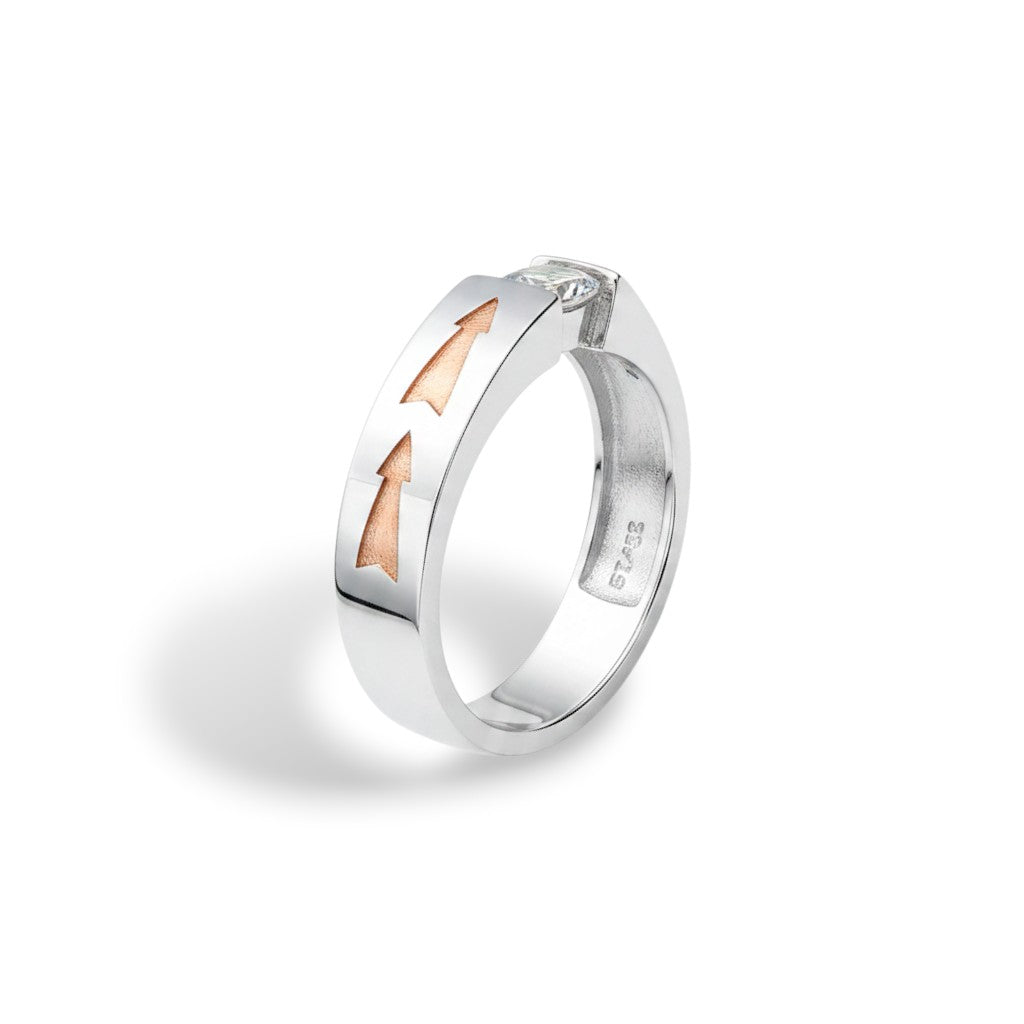 NAGPAL JEWELLERS The Vanguard Arrow Band ring with a clear stone and rose gold arrow details, size 22.