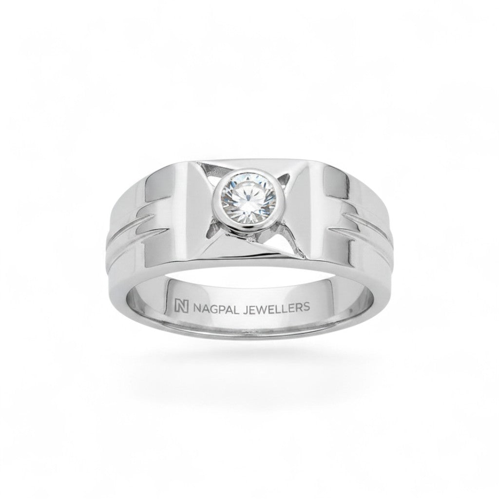 NAGPAL JEWELLERS The Vector Solitaire men's ring in silver with a single round-cut diamond.