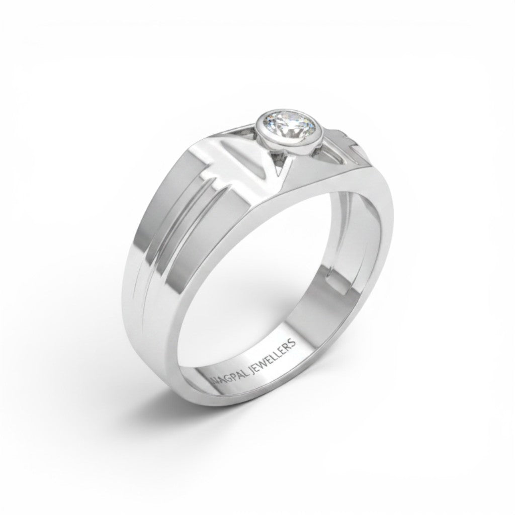 NAGPAL JEWELLERS The Vector Solitaire men's silver ring with a clear stone, size 22.