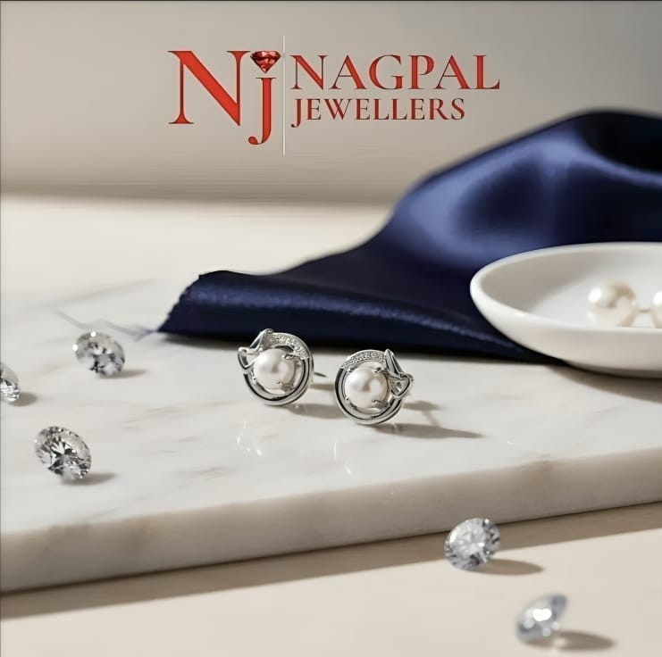 NAGPAL JEWELLERS Velvet Moon Pearl Tops, 92.5 silver pearl earrings with diamond accents.