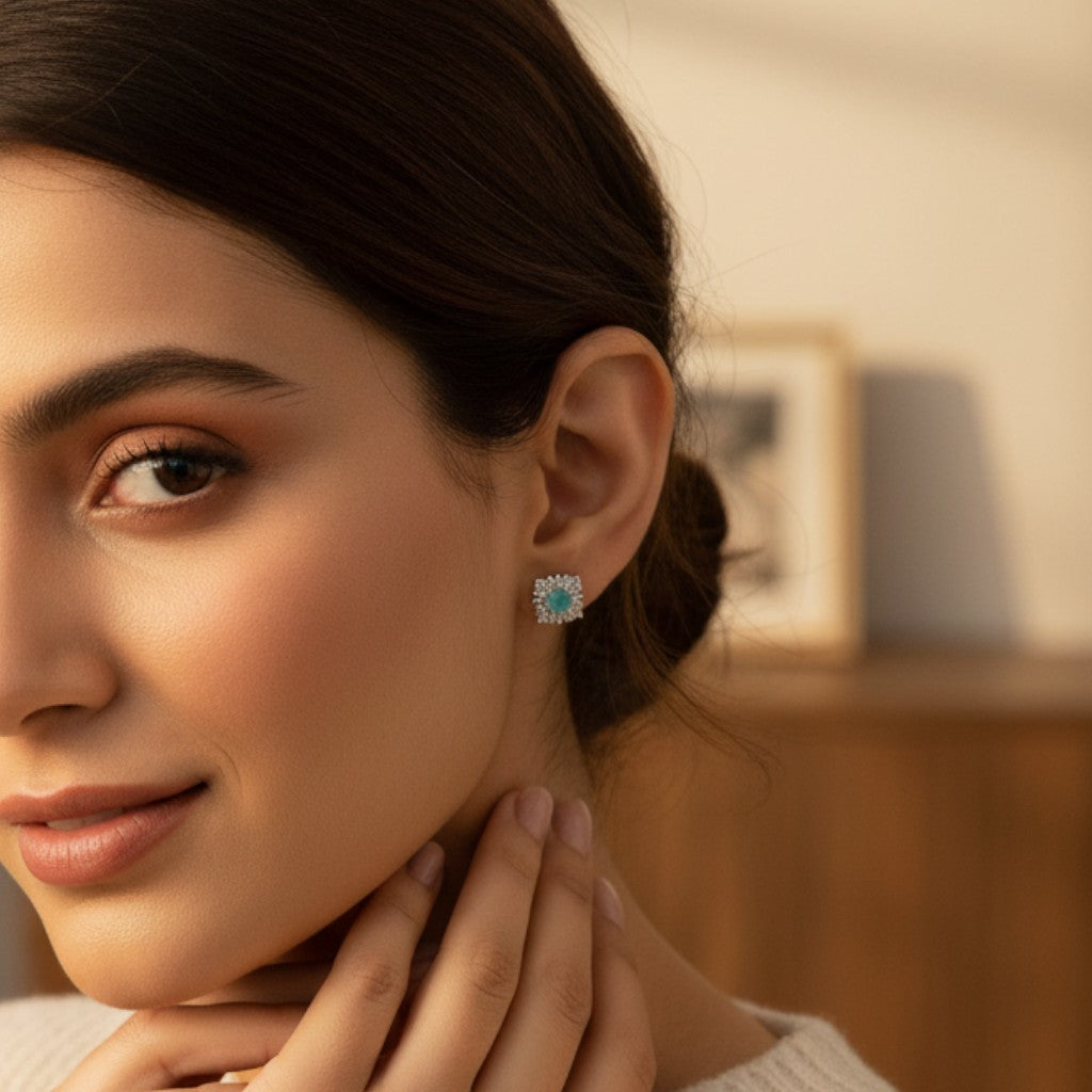 NAGPAL JEWELLERS Victorian Seafoam Tops: Square silver earrings with seafoam green center stone and clear crystal accents.