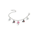SILVAS silver charm bracelet featuring enamel Mickey Mouse, hot air balloon, and unicorn charms on a delicate chain.