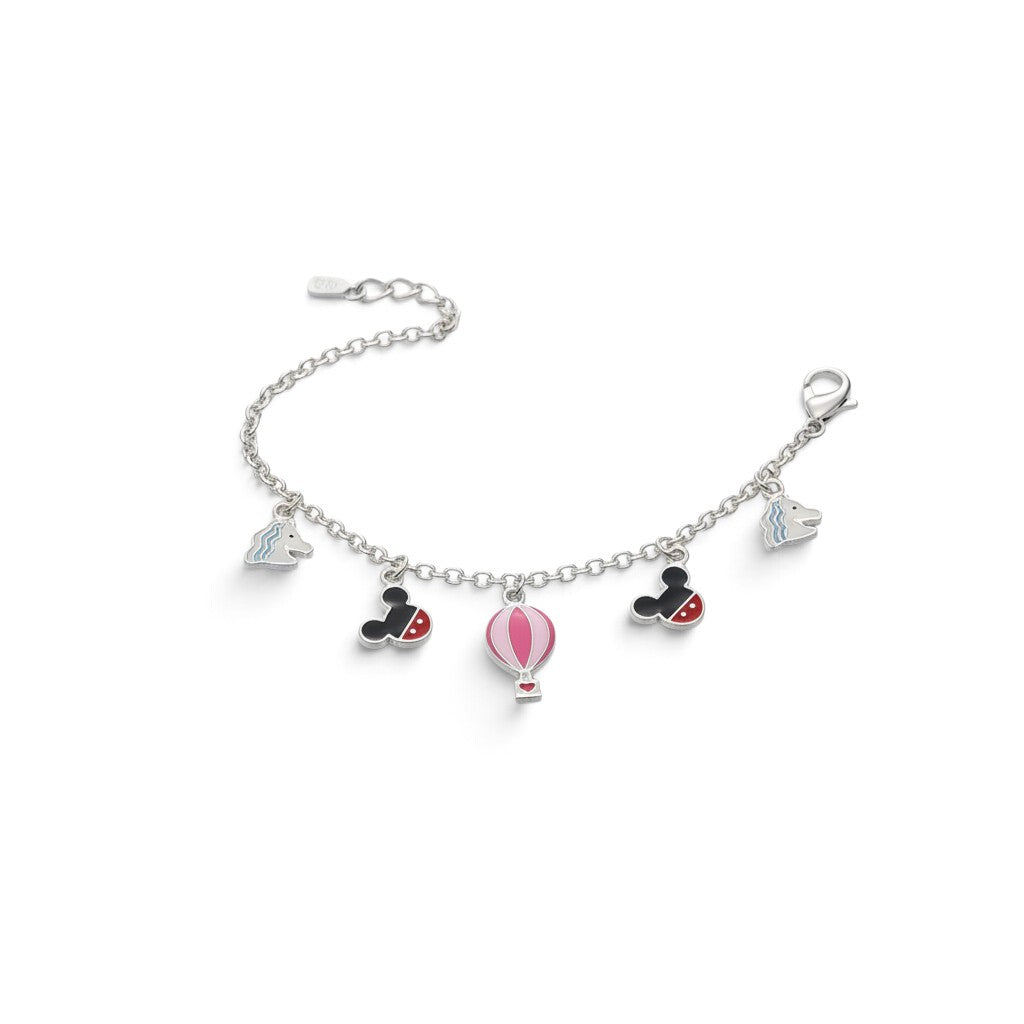 SILVAS silver charm bracelet featuring enamel Mickey Mouse, hot air balloon, and unicorn charms on a delicate chain.