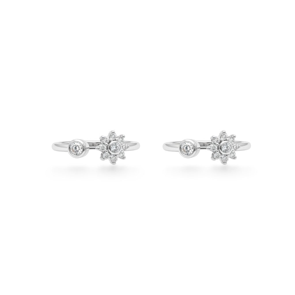 SILVAS open ring in silver featuring a round solitaire diamond and a floral diamond cluster accent
