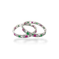 SILVAS silver bangles featuring alternating square green and pink gemstones with intricate leaf-patterned metalwork.