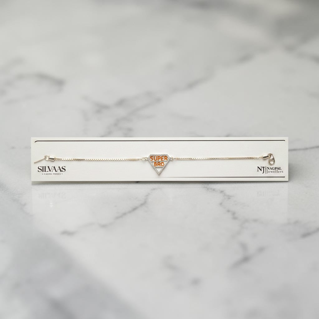 SILVAS 92.5 sterling silver bracelet featuring a diamond-encrusted triangle charm with orange Super Bro text